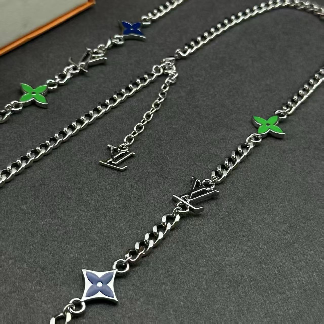 Louis Vuitton Charm Chain Jewelry – Silver-Toned Necklace & Bracelet Set in Multiple Colorways
