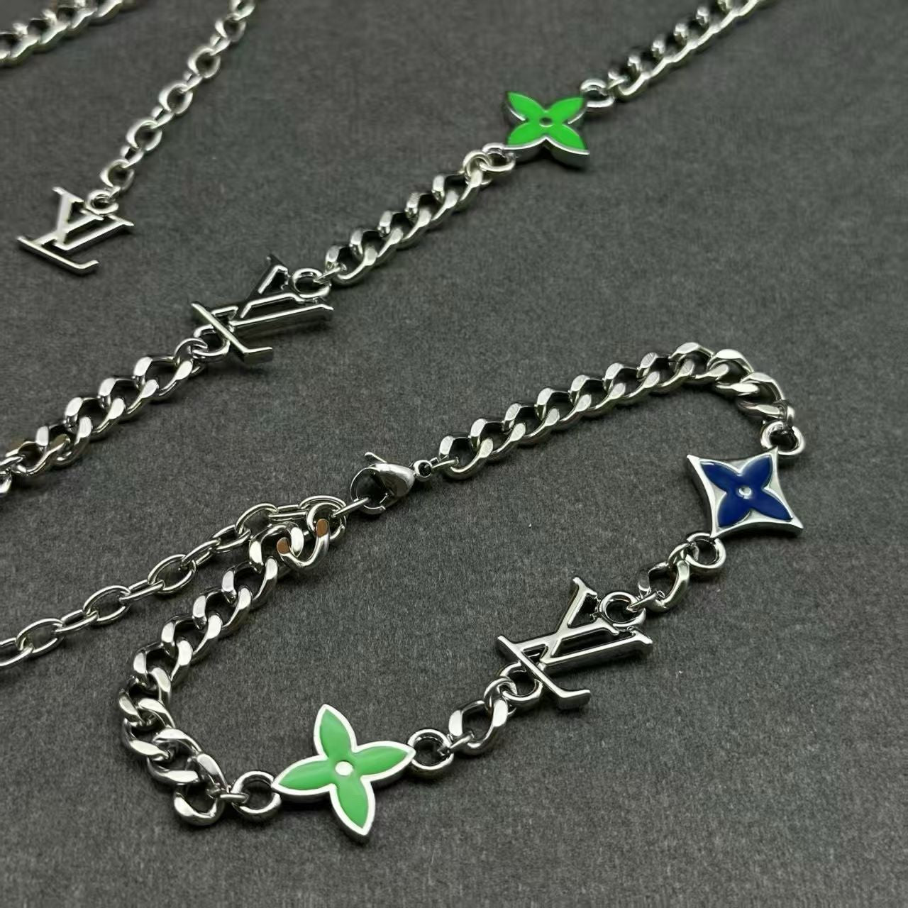 Louis Vuitton Charm Chain Jewelry – Silver-Toned Necklace & Bracelet Set in Multiple Colorways