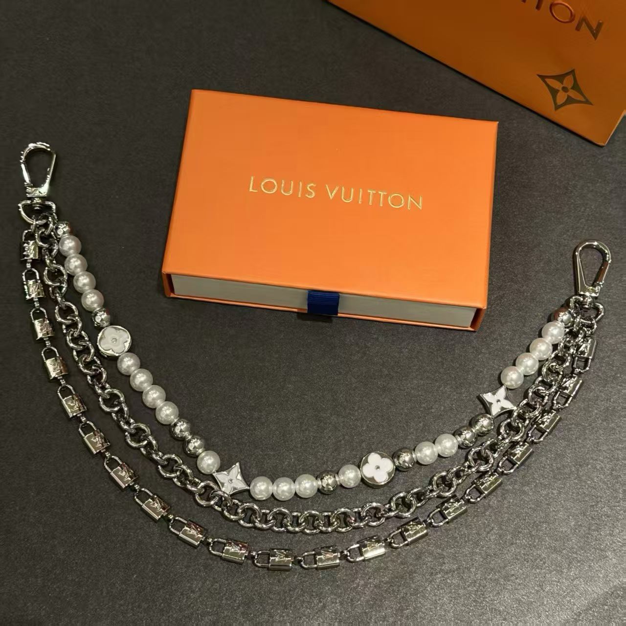 Louis Vuitton Triple-Strand Charm Jewelry – Pearl, Chain & Engraved Link Combo