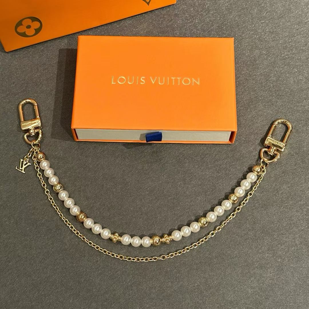 Louis Vuitton Pearl & Gold Bead Chain Strap – With LV Logo Charm