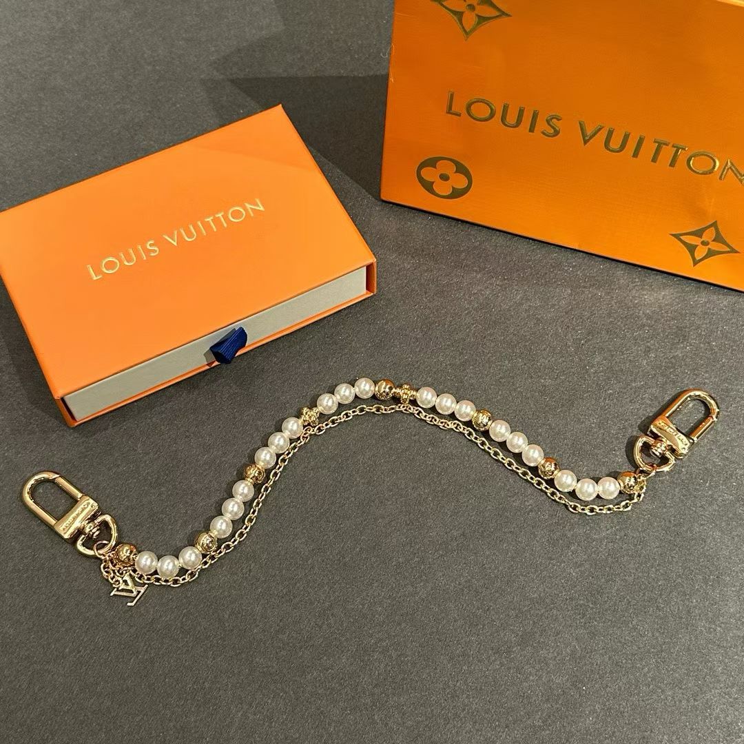 Louis Vuitton Pearl & Gold Bead Chain Strap – With LV Logo Charm