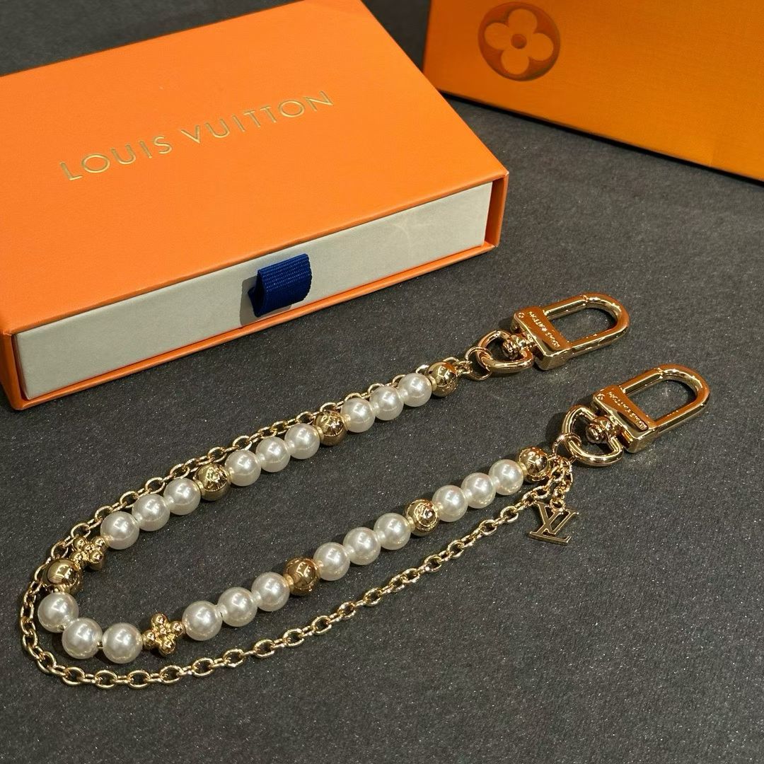 Louis Vuitton Pearl & Gold Bead Chain Strap – With LV Logo Charm