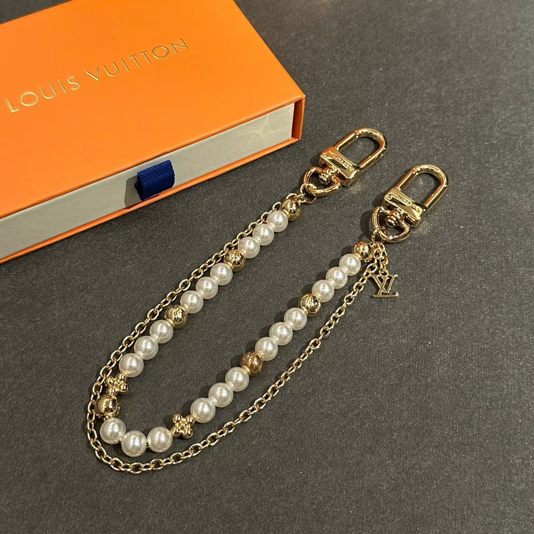 Louis Vuitton Pearl & Gold Bead Chain Strap – With LV Logo Charm