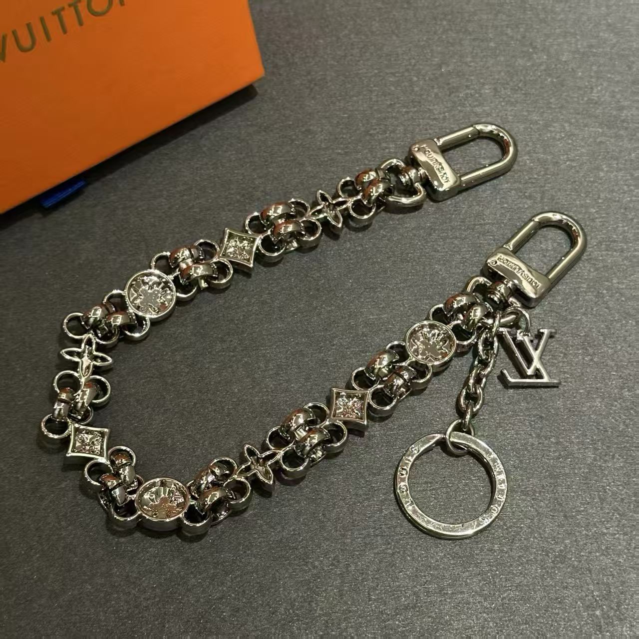 Louis Vuitton Monogram Link Charm Chain – Silver-Toned with Crystal Accents