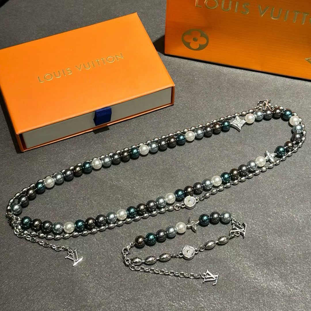 Louis Vuitton Pearl & Charm Jewelry Set – Necklace & Bracelet with LV Accents
