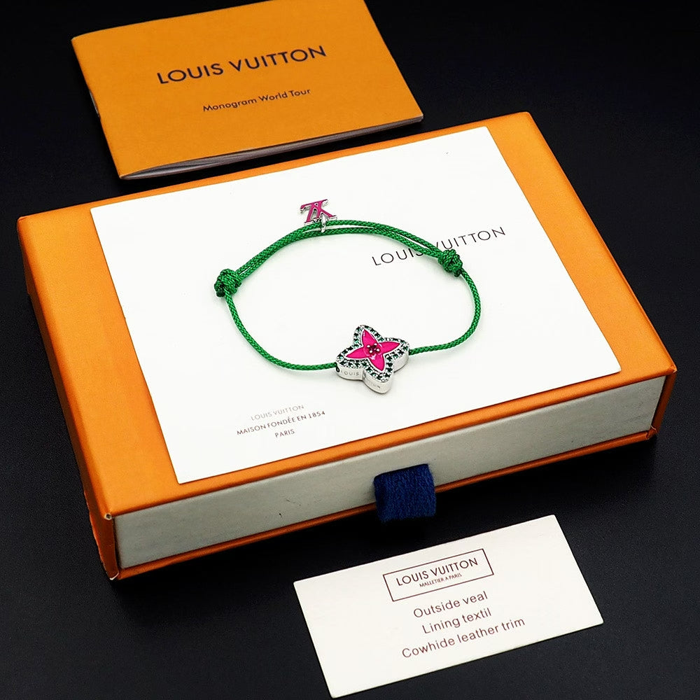 Louis Vuitton Flower Charm Cord Bracelet – Turquoise & Green with LV Logo