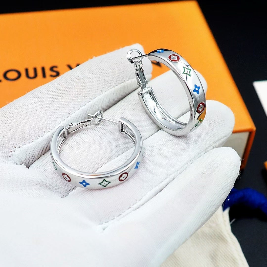 Louis Vuitton Enamel Monogram Hoop Earrings – Gold & Silver with Multicolor Motifs