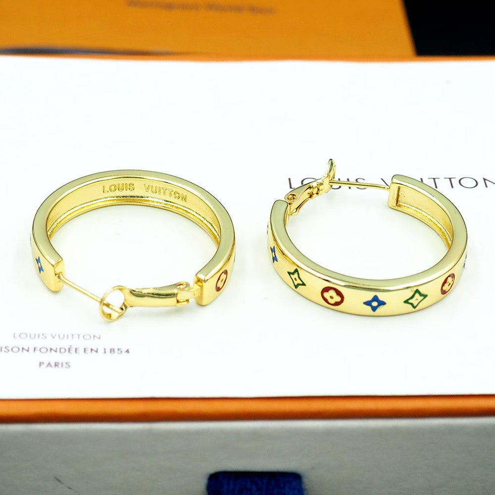 Louis Vuitton Enamel Monogram Hoop Earrings – Gold & Silver with Multicolor Motifs