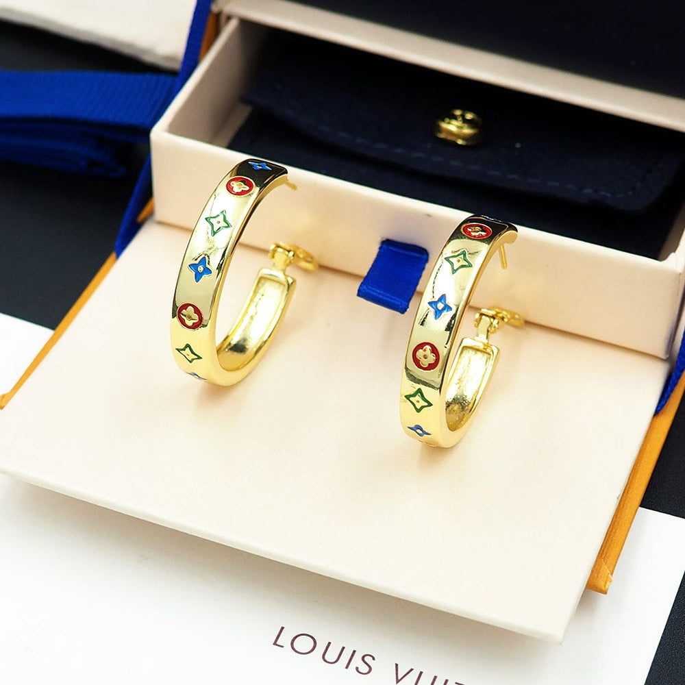 Louis Vuitton Enamel Monogram Hoop Earrings – Gold & Silver with Multicolor Motifs