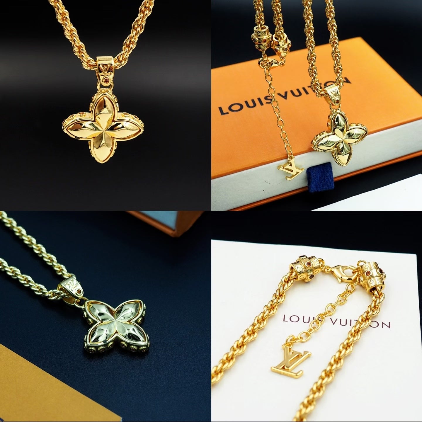 Louis Vuitton Gold Flower Pendant Necklace – Rope Chain with LV Charm