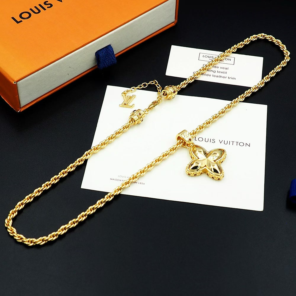 Louis Vuitton Gold Flower Pendant Necklace – Rope Chain with LV Charm