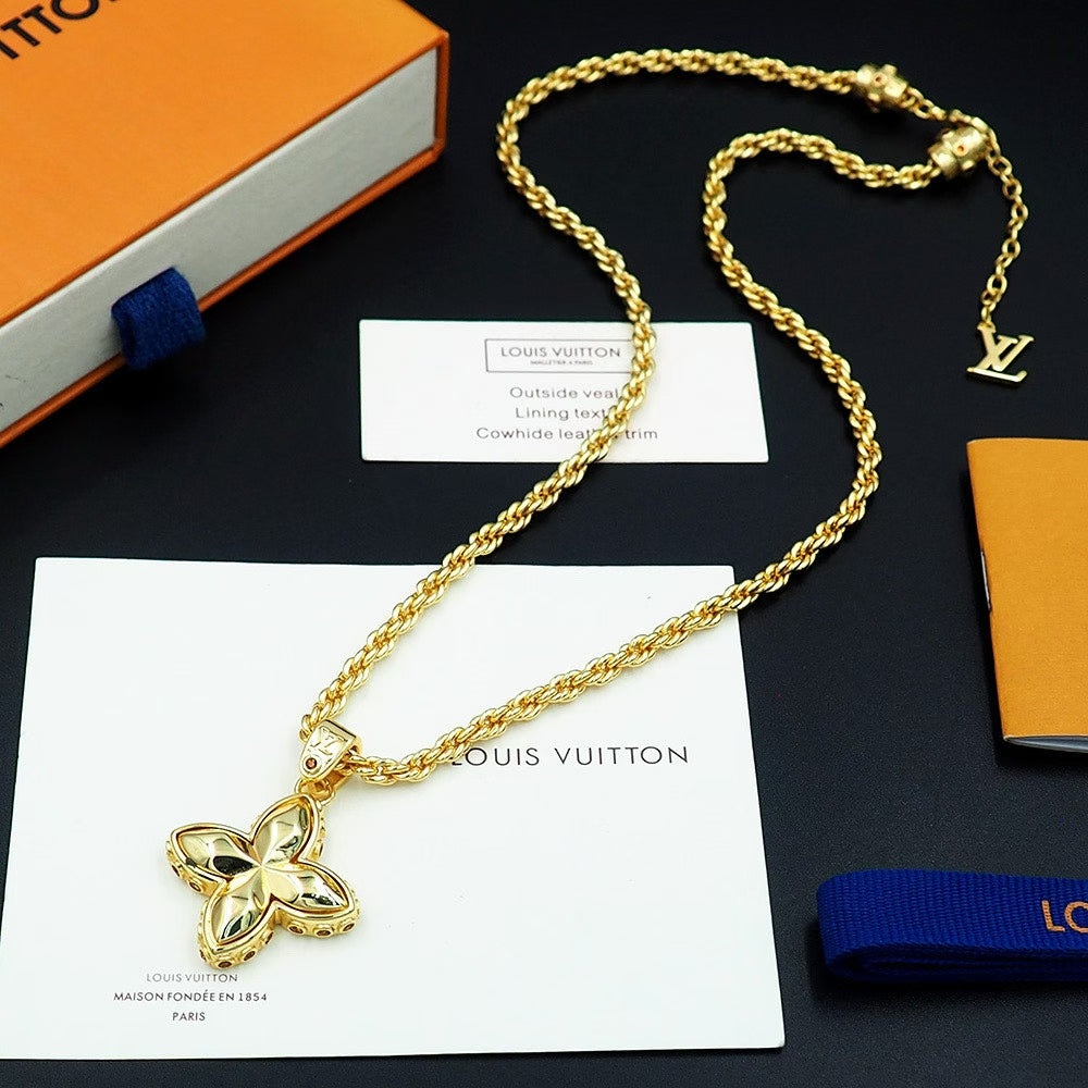Louis Vuitton Gold Flower Pendant Necklace – Rope Chain with LV Charm