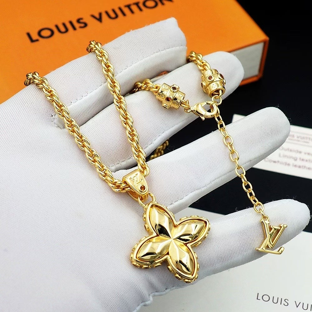 Louis Vuitton Gold Flower Pendant Necklace – Rope Chain with LV Charm