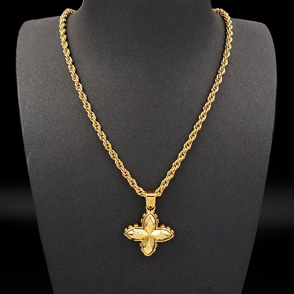 Louis Vuitton Gold Flower Pendant Necklace – Rope Chain with LV Charm