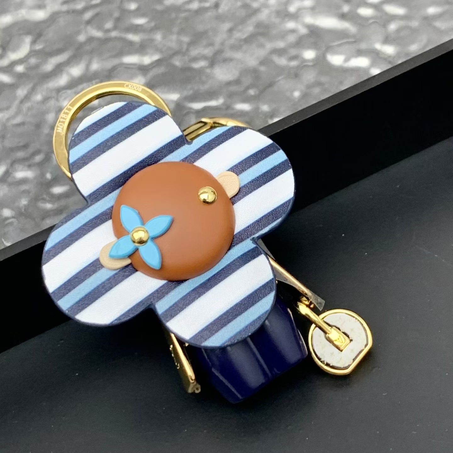 Louis Vuitton Striped Flower Padlock Keychain – Blue & White Petals with Gold Hardware