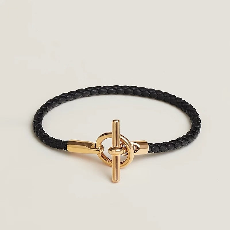 Hermès Braided Leather Toggle Bracelet – Gold & Silver Clasps