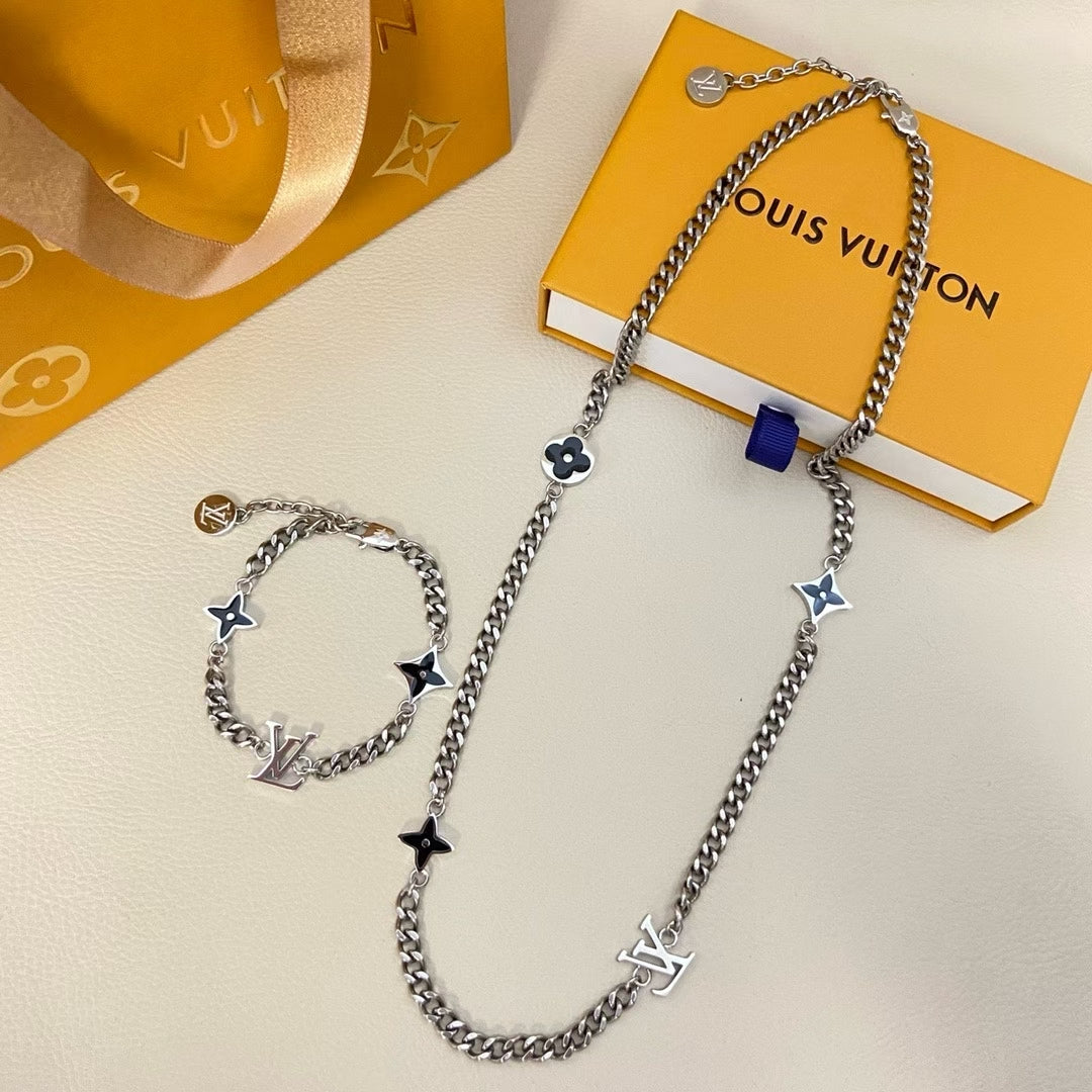 Louis Vuitton Black & Silver Charm Jewelry Set – Necklace & Bracelet