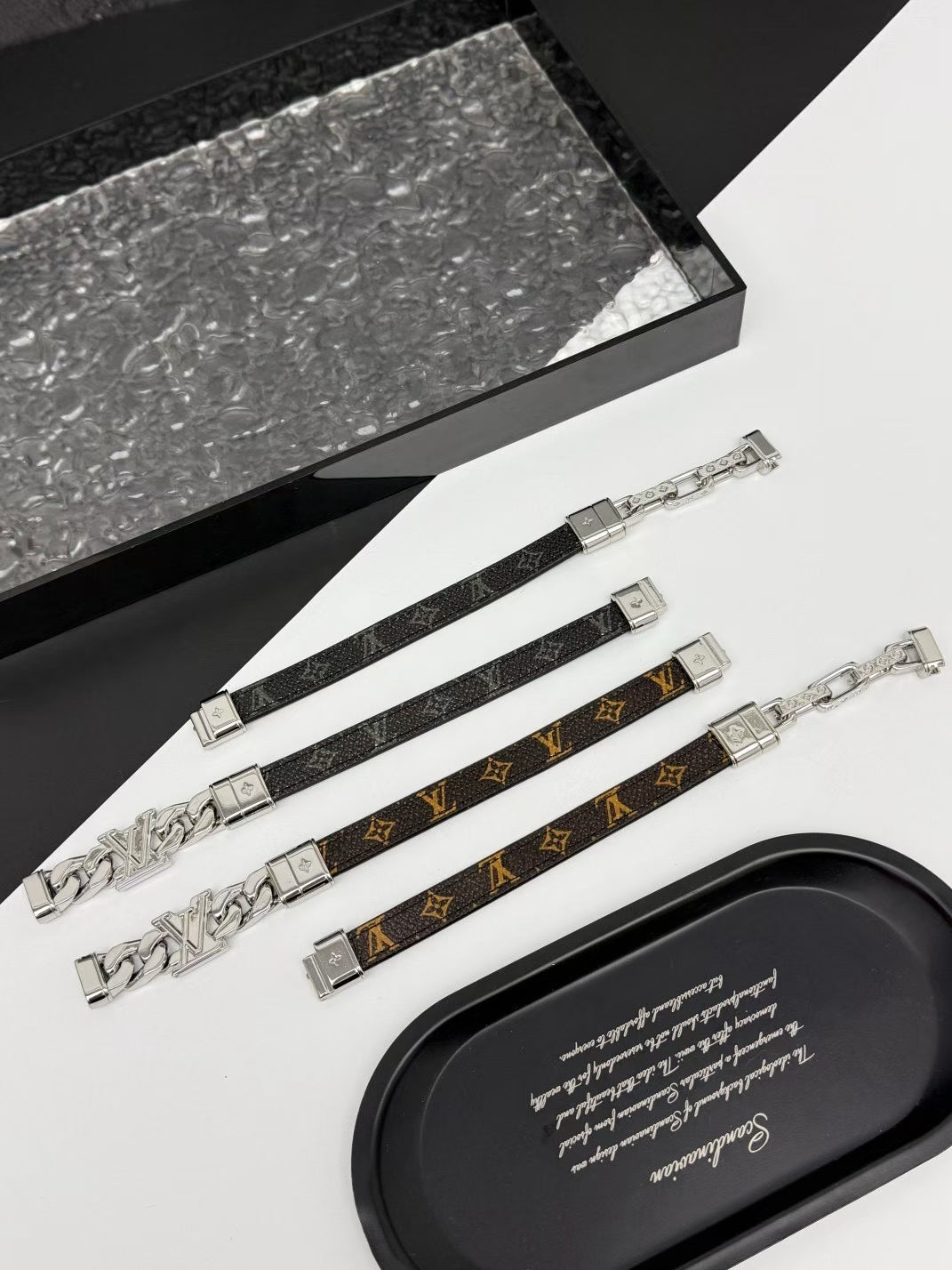 Louis Vuitton Men’s Bracelet – Chain-Link Silver Clasp & Black Textured Leather