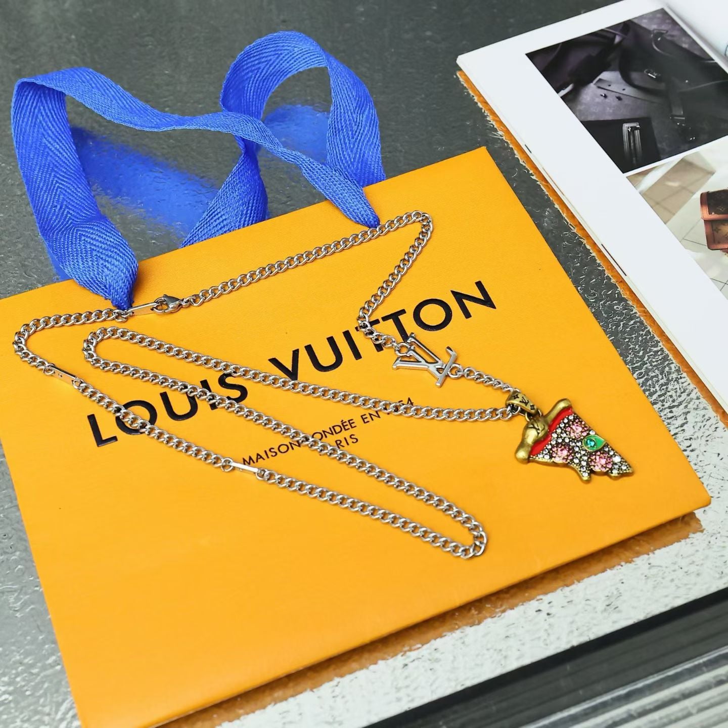 Louis Vuitton Pizza Pendant Necklace – Silver Chain with LV & Rhinestone Slice