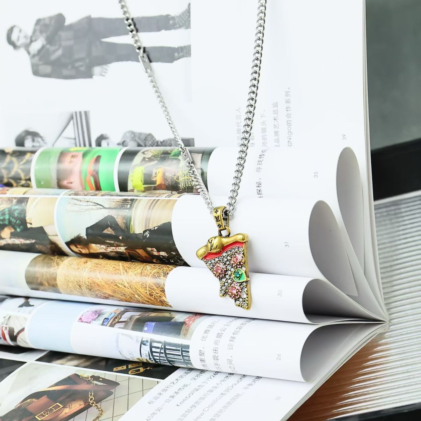 Louis Vuitton Pizza Pendant Necklace – Silver Chain with LV & Rhinestone Slice