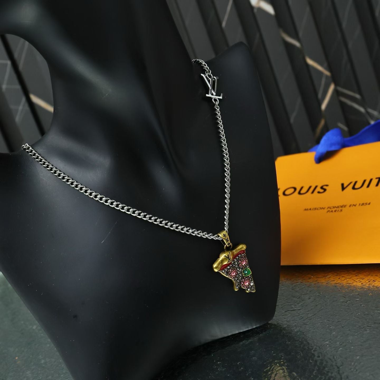 Louis Vuitton Pizza Pendant Necklace – Silver Chain with LV & Rhinestone Slice