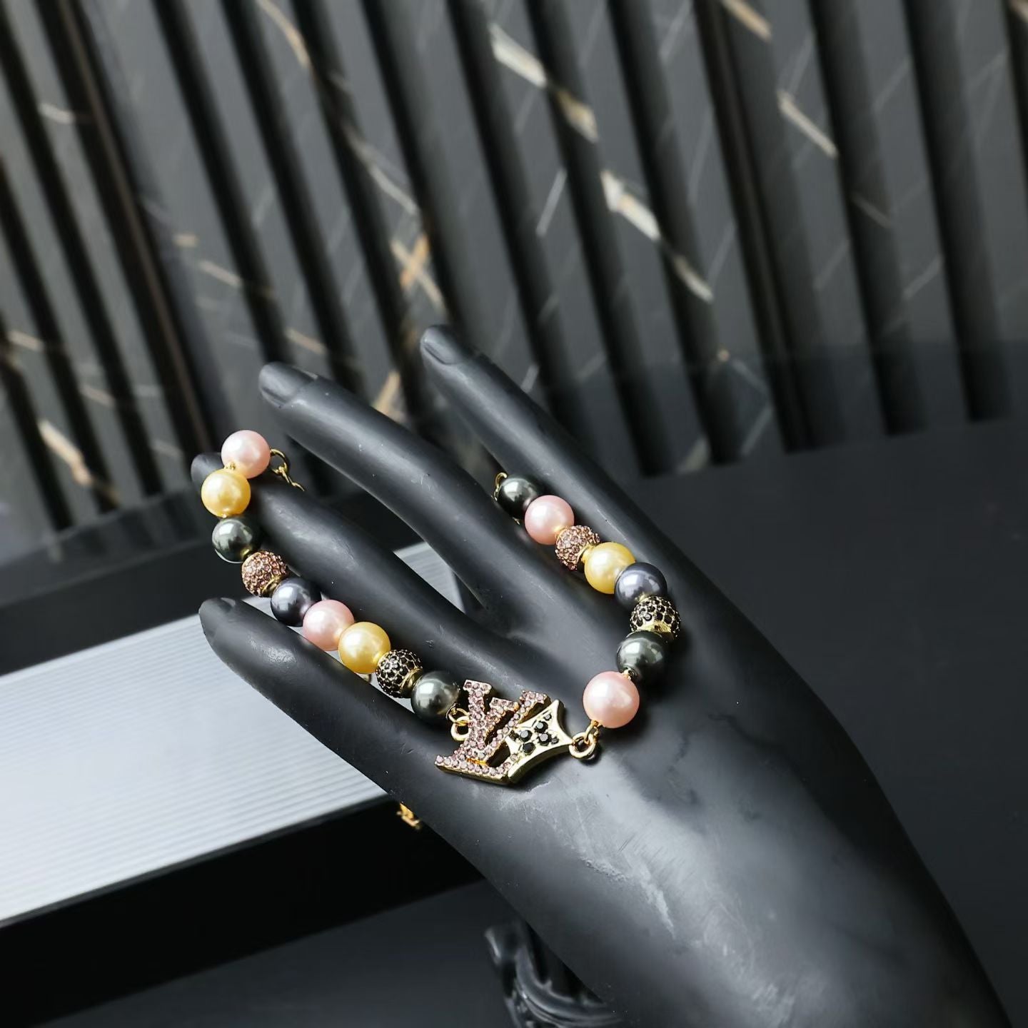 Louis Vuitton Pink & Gold Beaded Jewelry Set – Necklace & Bracelet with LV Charm