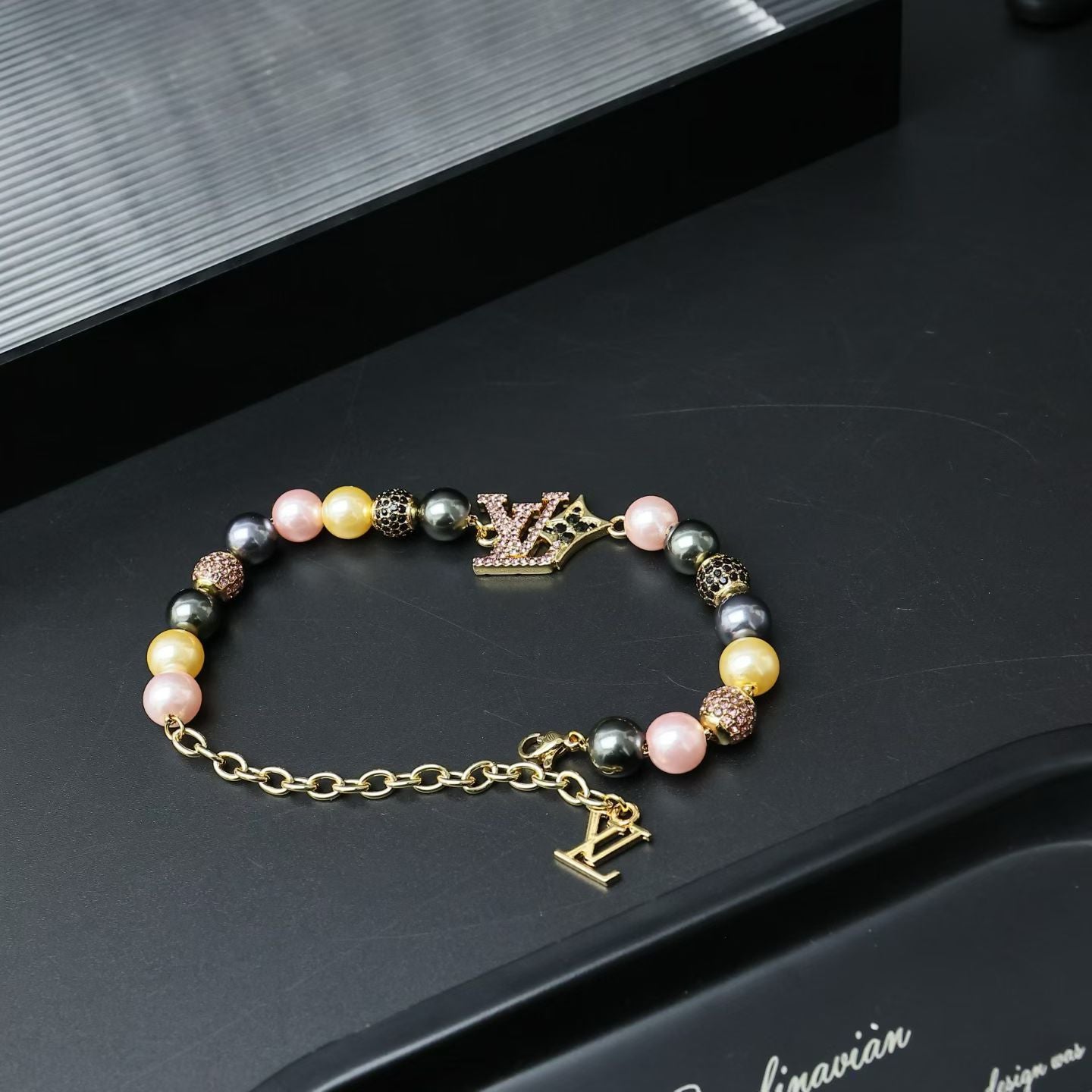 Louis Vuitton Pink & Gold Beaded Jewelry Set – Necklace & Bracelet with LV Charm