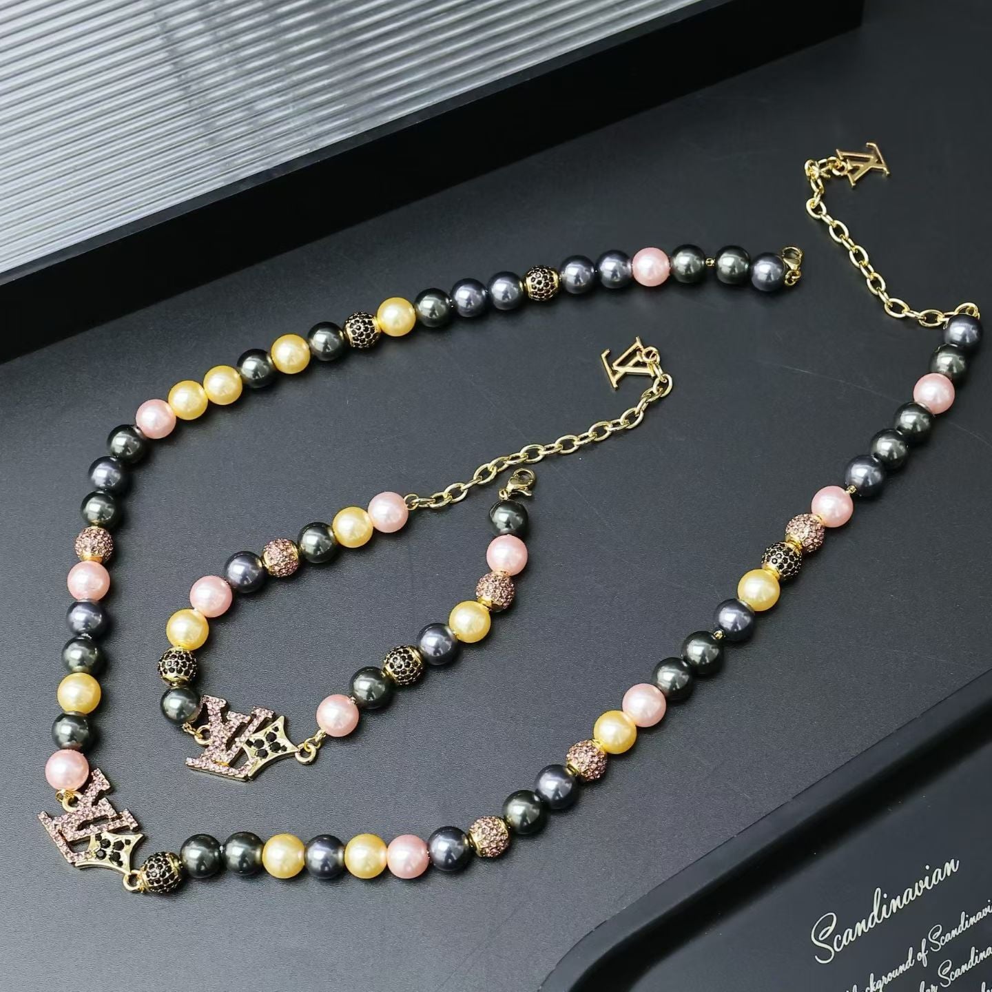 Louis Vuitton Pink & Gold Beaded Jewelry Set – Necklace & Bracelet with LV Charm