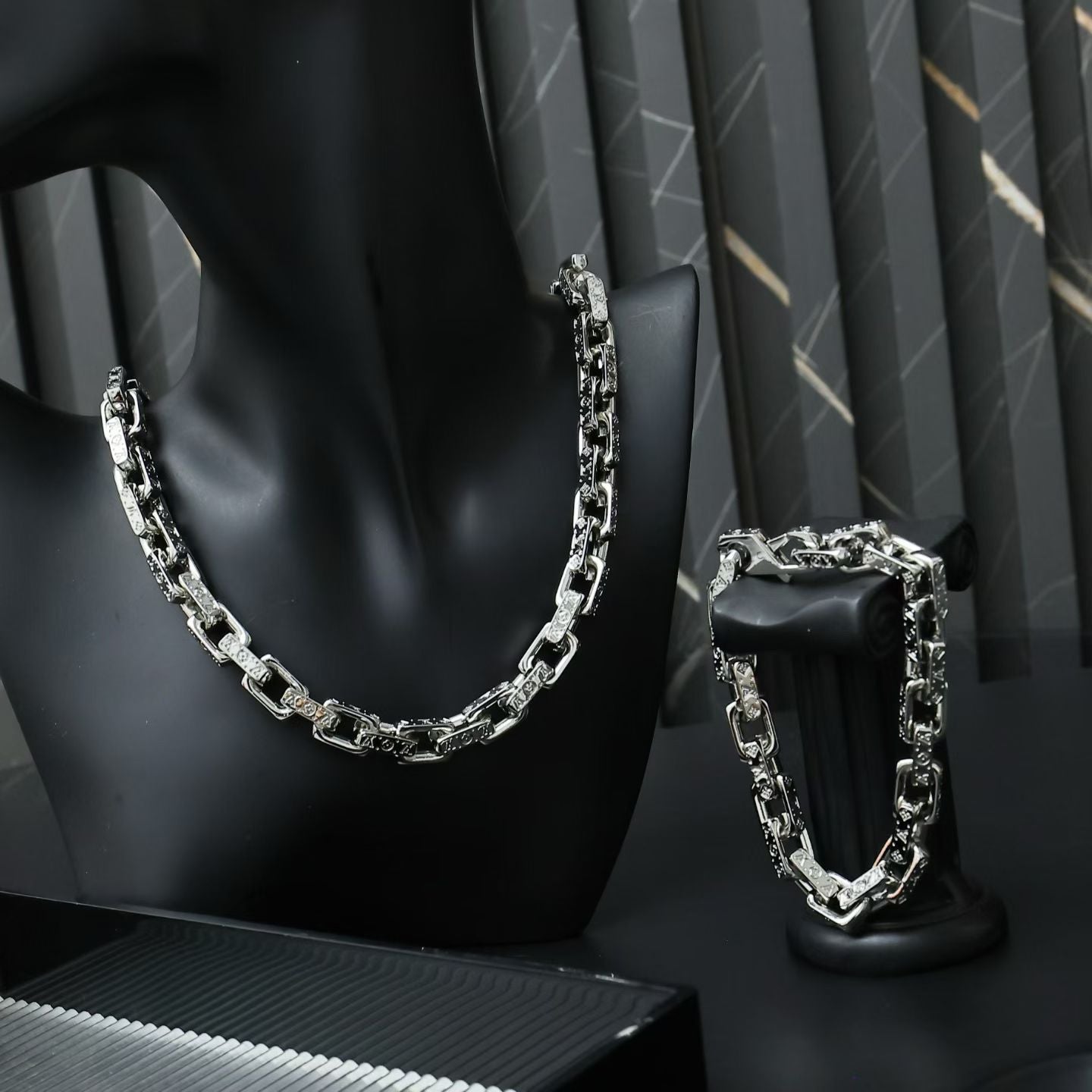 Louis Vuitton Rectangular Link Engraved Jewelry Set – Silver-Toned Necklace & Bracelet