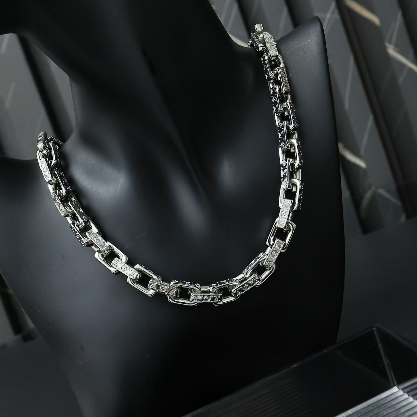 Louis Vuitton Rectangular Link Engraved Jewelry Set – Silver-Toned Necklace & Bracelet