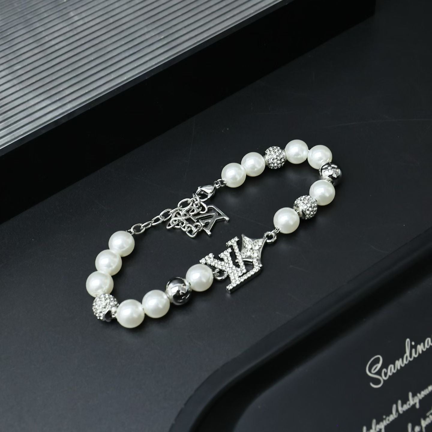 Louis Vuitton Pearl & Silver Charm Jewelry Set – Necklace & Bracelet with LV Logo