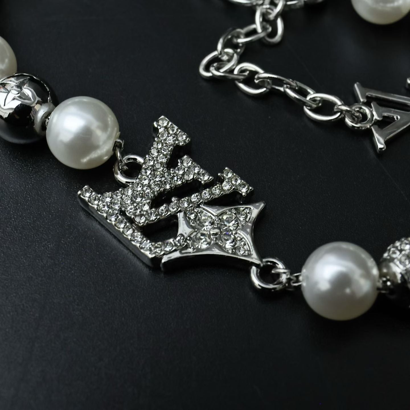 Louis Vuitton Pearl & Silver Charm Jewelry Set – Necklace & Bracelet with LV Logo