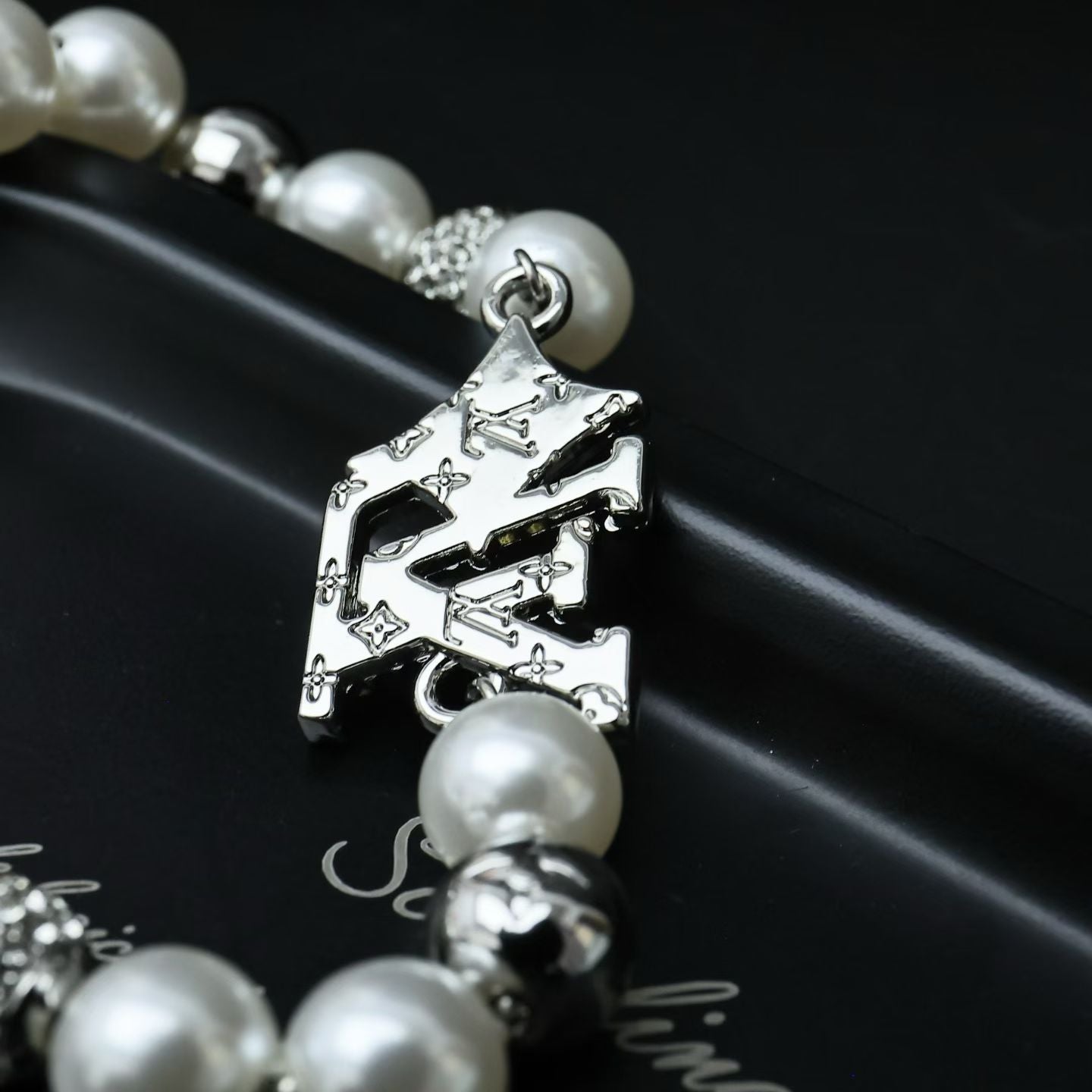 Louis Vuitton Pearl & Silver Charm Jewelry Set – Necklace & Bracelet with LV Logo