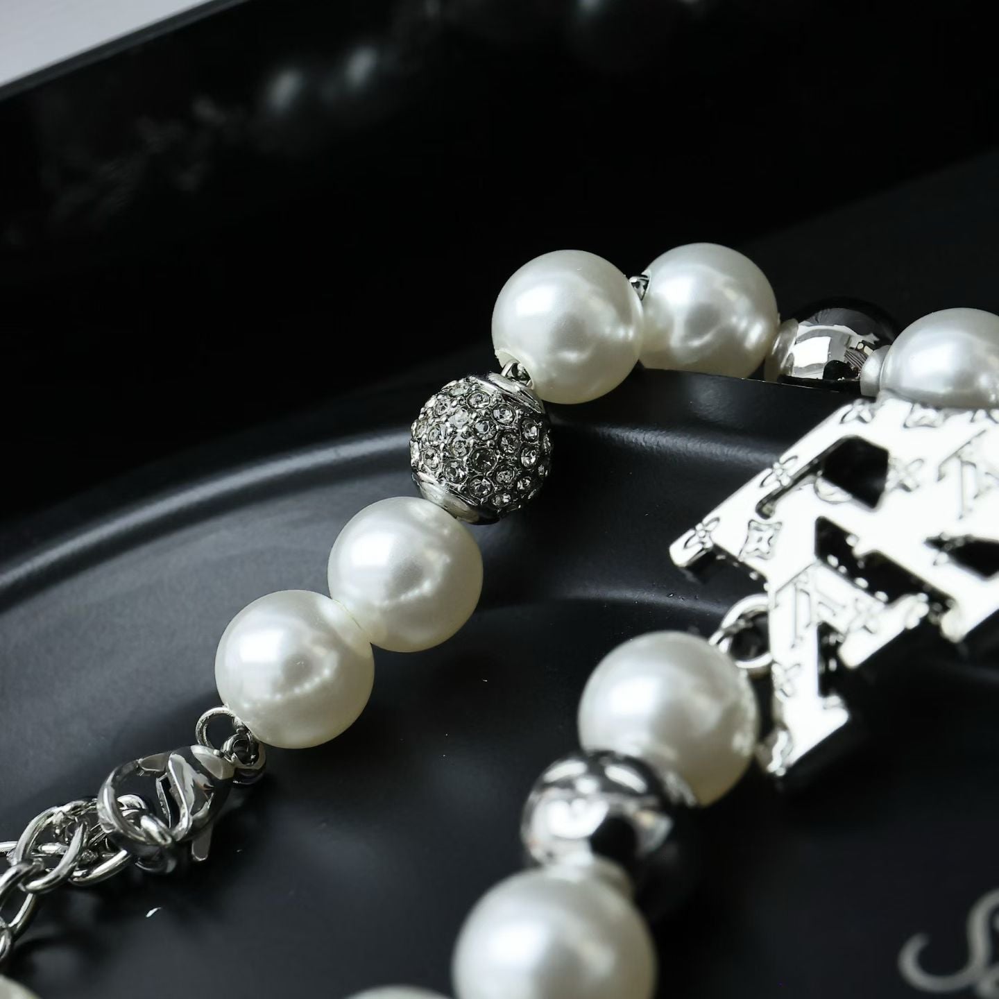 Louis Vuitton Pearl & Silver Charm Jewelry Set – Necklace & Bracelet with LV Logo