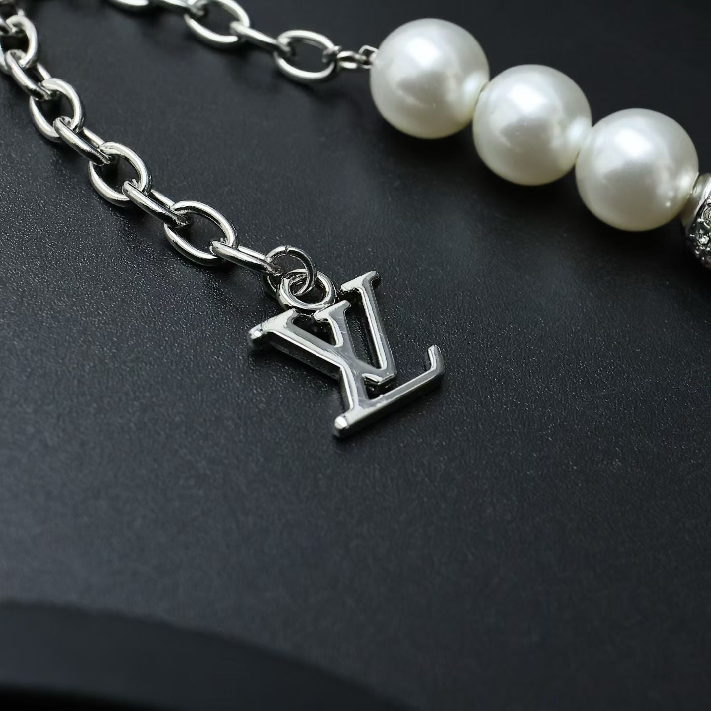 Louis Vuitton Pearl & Silver Charm Jewelry Set – Necklace & Bracelet with LV Logo