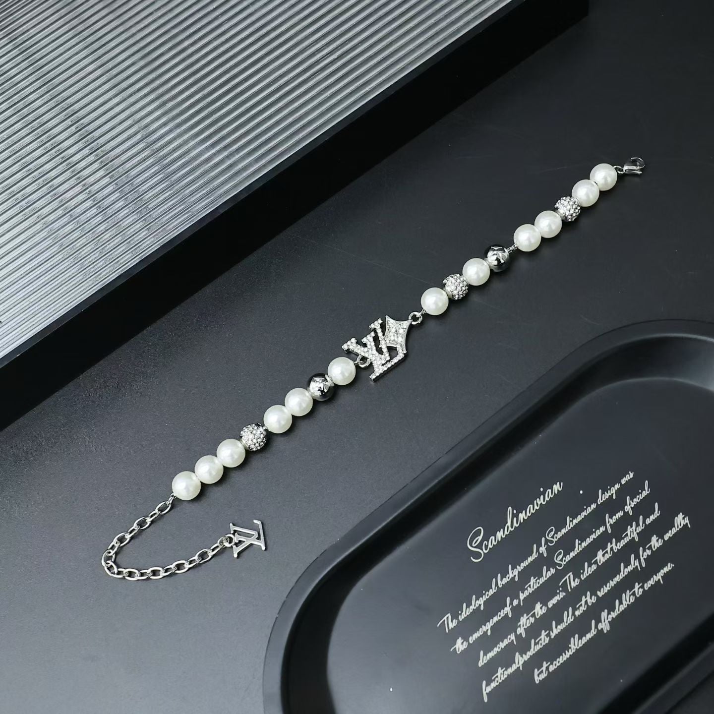Louis Vuitton Pearl & Silver Charm Jewelry Set – Necklace & Bracelet with LV Logo