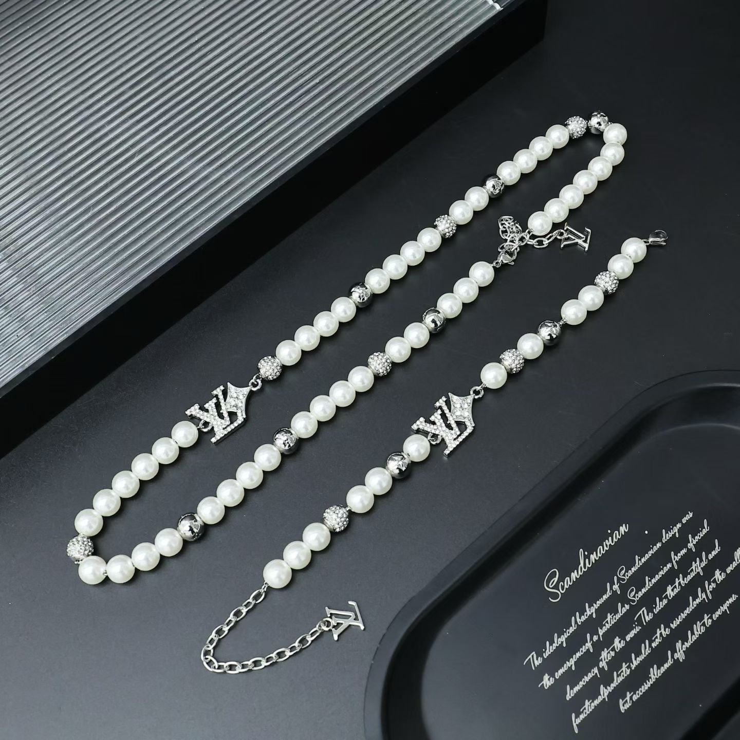 Louis Vuitton Pearl & Silver Charm Jewelry Set – Necklace & Bracelet with LV Logo