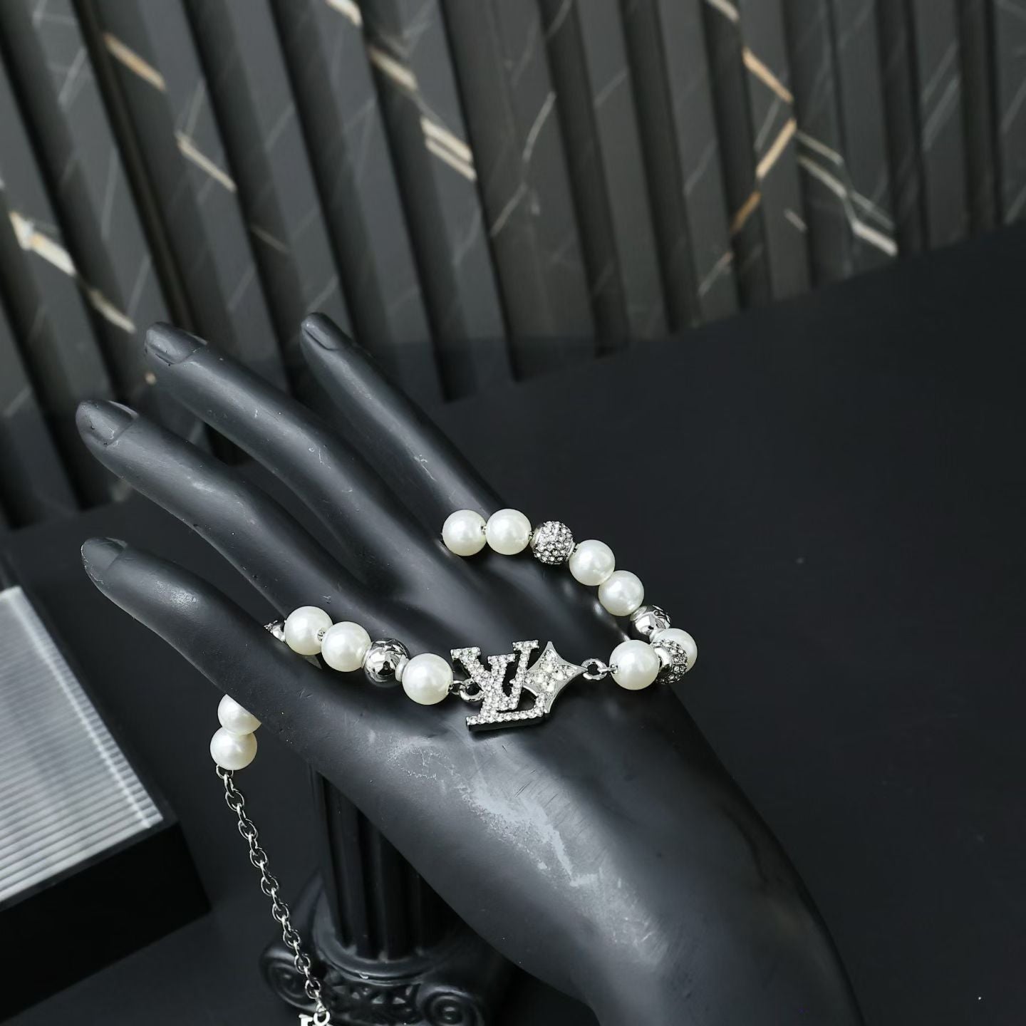 Louis Vuitton Pearl & Silver Charm Jewelry Set – Necklace & Bracelet with LV Logo