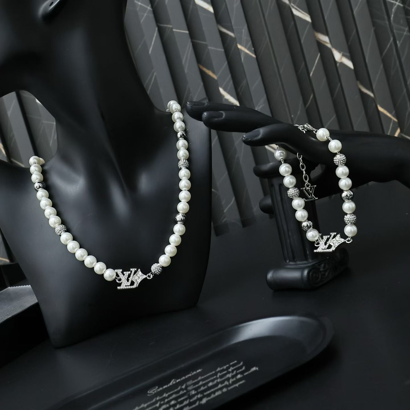 Louis Vuitton Pearl & Silver Charm Jewelry Set – Necklace & Bracelet with LV Logo