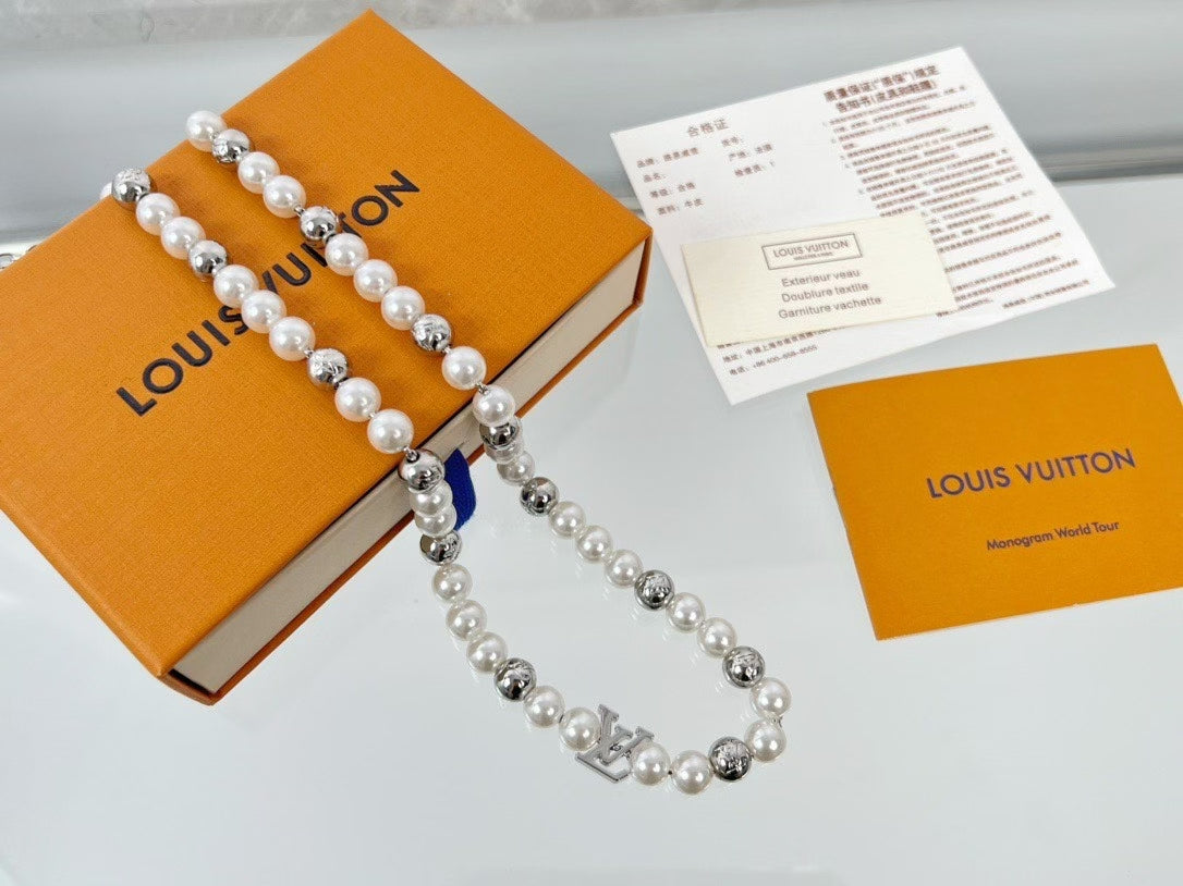 Louis Vuitton Pearl & Bead Logo Necklace – Silver with LV Charm