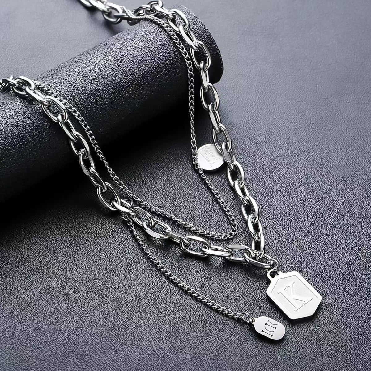 Layered Pendant Necklace Trio – Hex K, Roman III & Engraved Disc