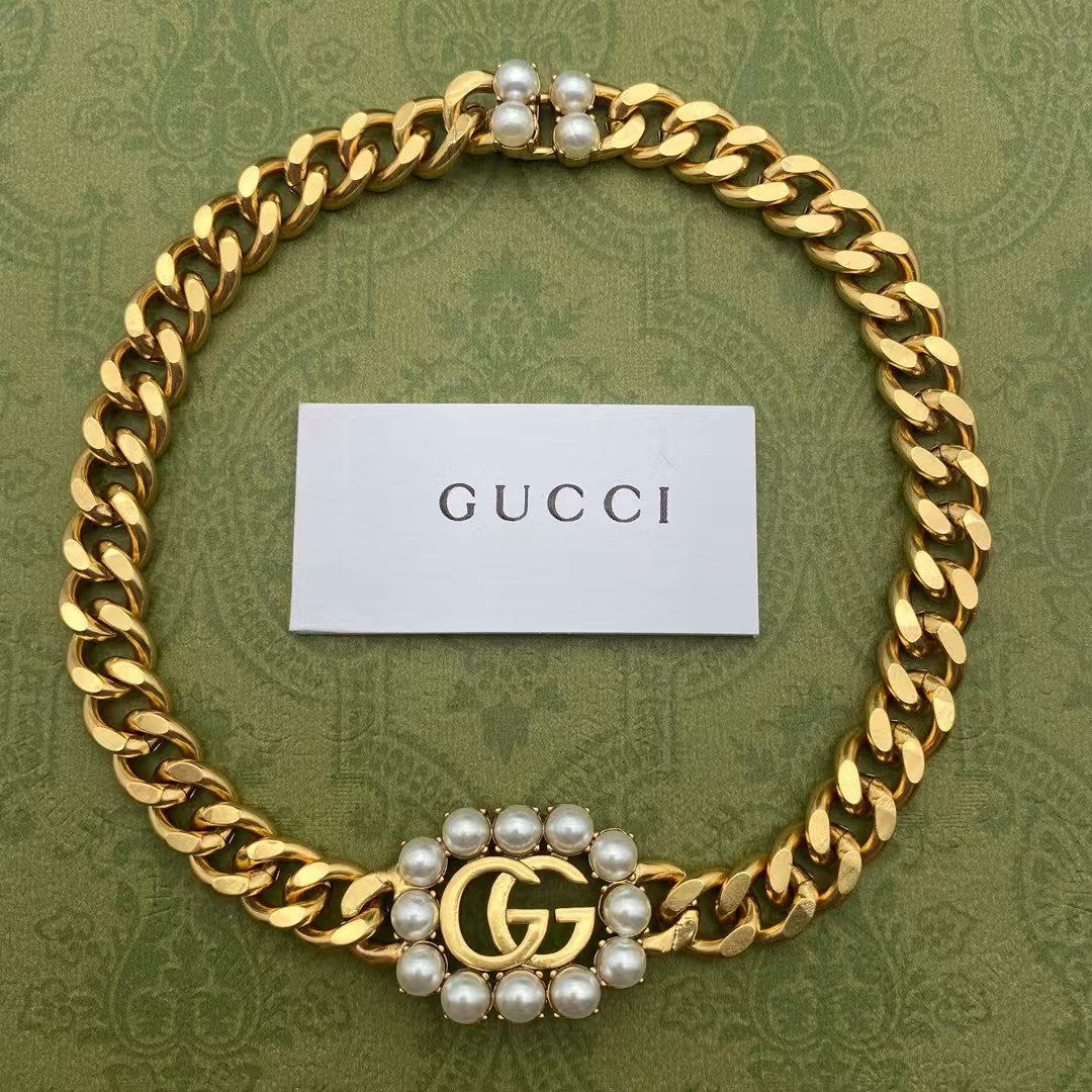 Gucci Pearl-Embellished Double G Necklace – Gold Chain with Iconic Logo