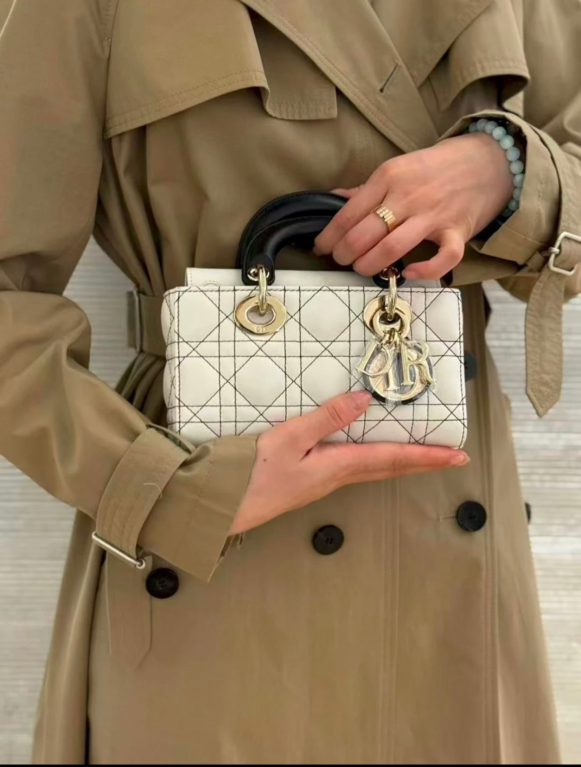 Lady Dior Handbag – White Quilted Leather with Black Handles & Silver Charm