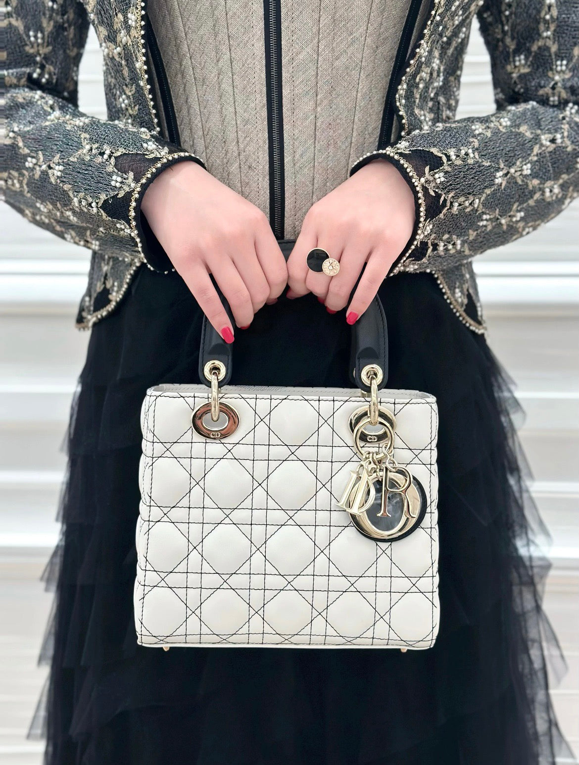 Lady Dior Handbag – White Quilted Leather with Black Handles & Silver Charm