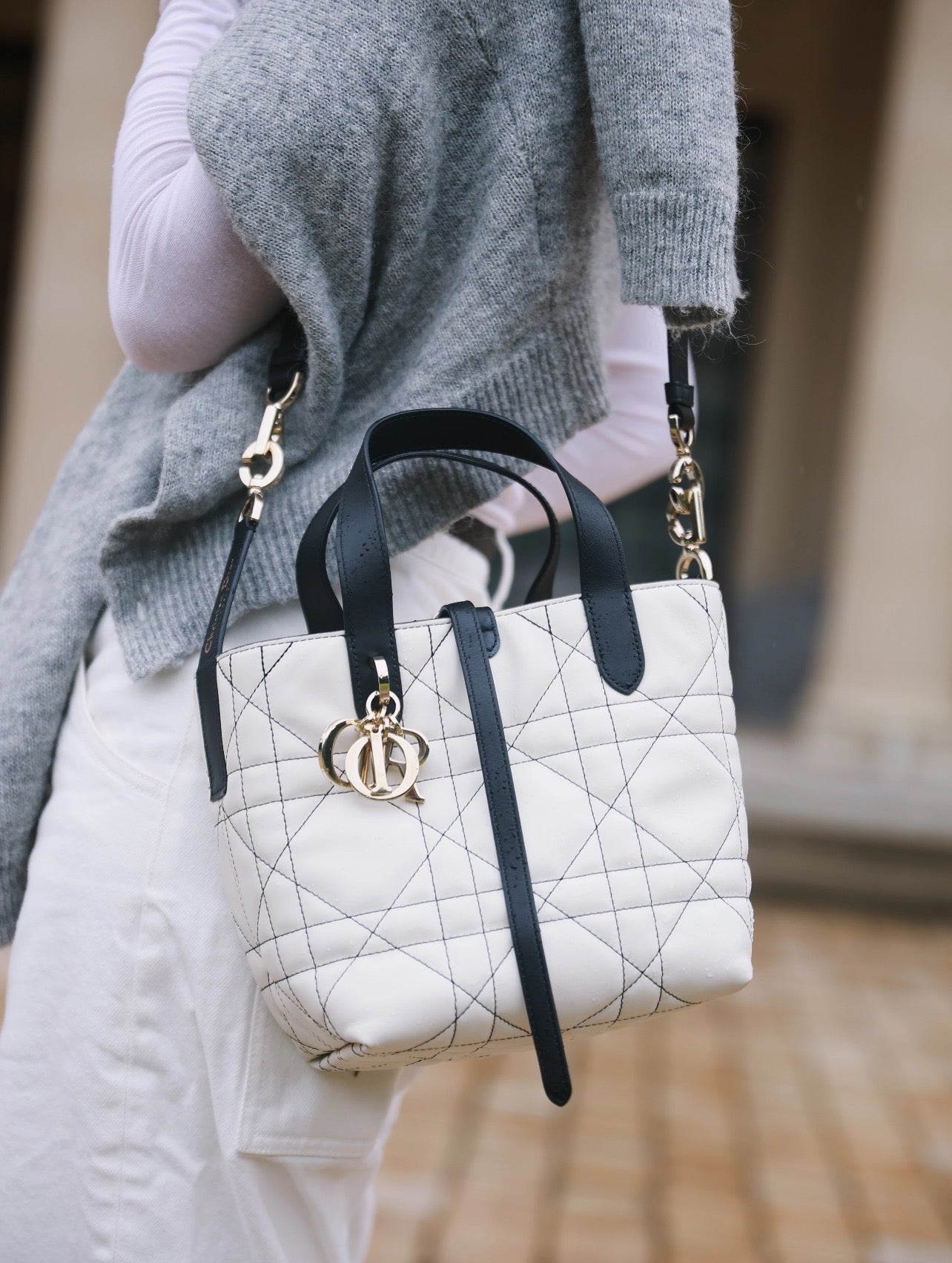 Dior Lady D-Lite Handbag – White Quilted with Black Handles & Strap