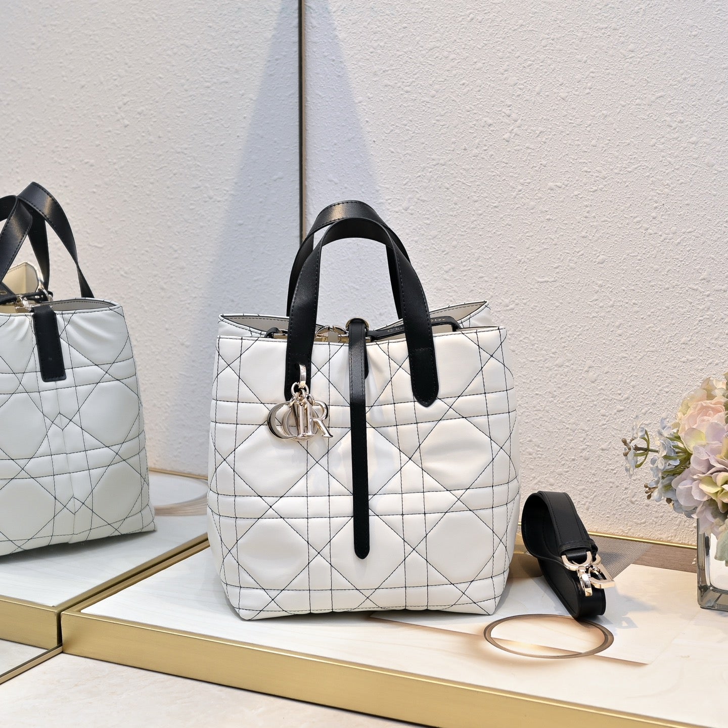 Dior Lady D-Lite Handbag – White Quilted with Black Handles & Strap