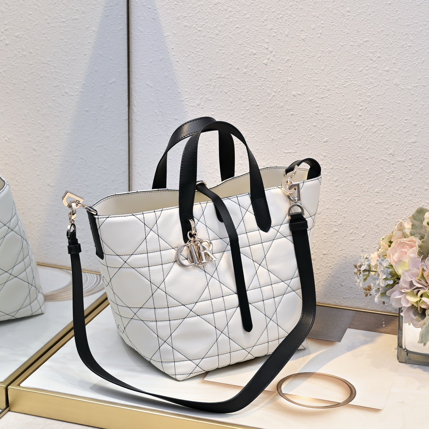 Dior Lady D-Lite Handbag – White Quilted with Black Handles & Strap