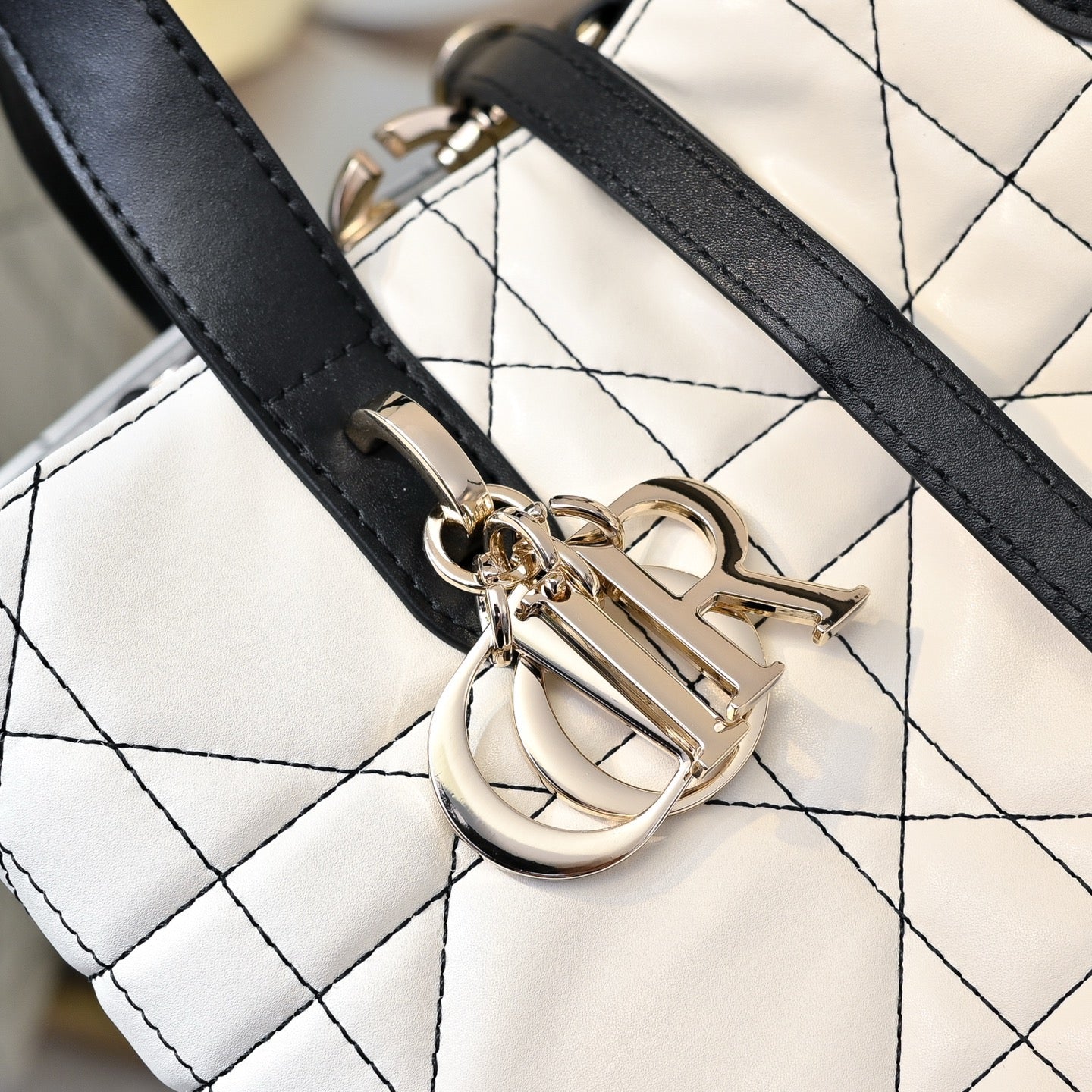 Dior Lady D-Lite Handbag – White Quilted with Black Handles & Strap