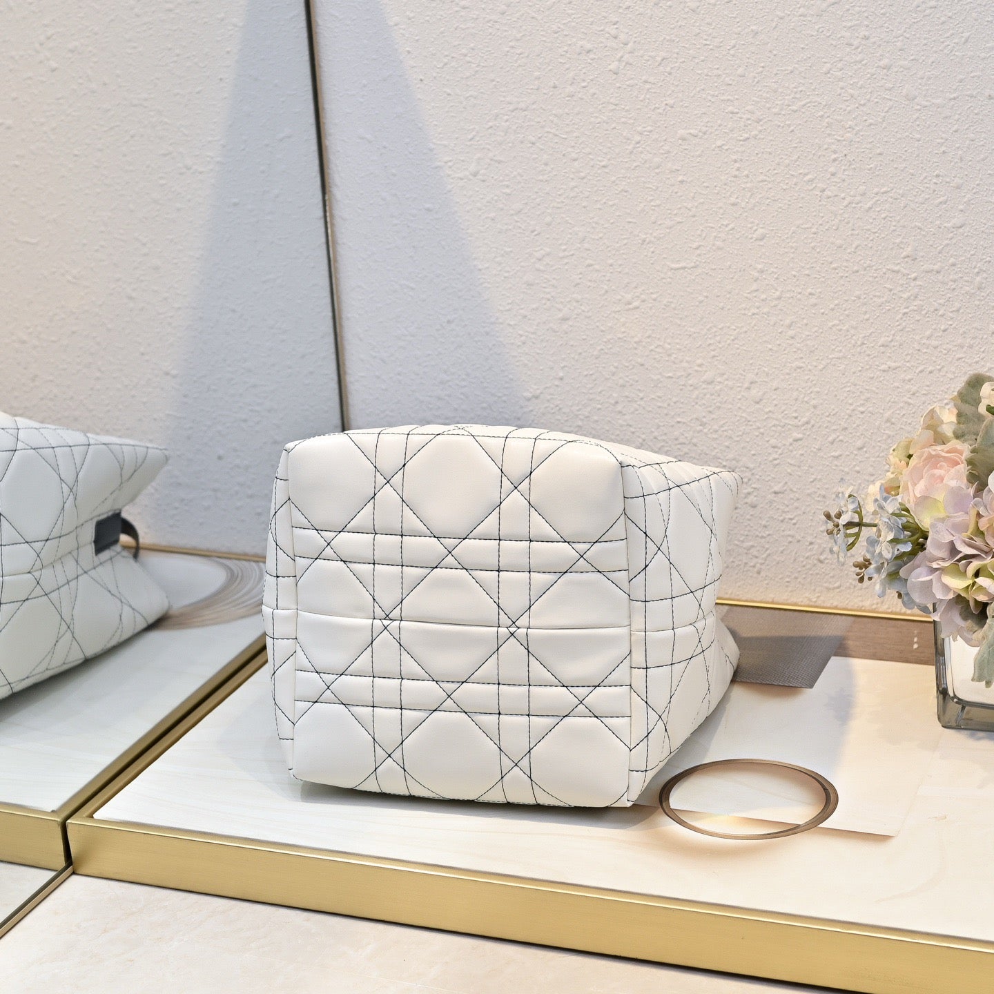 Dior Lady D-Lite Handbag – White Quilted with Black Handles & Strap