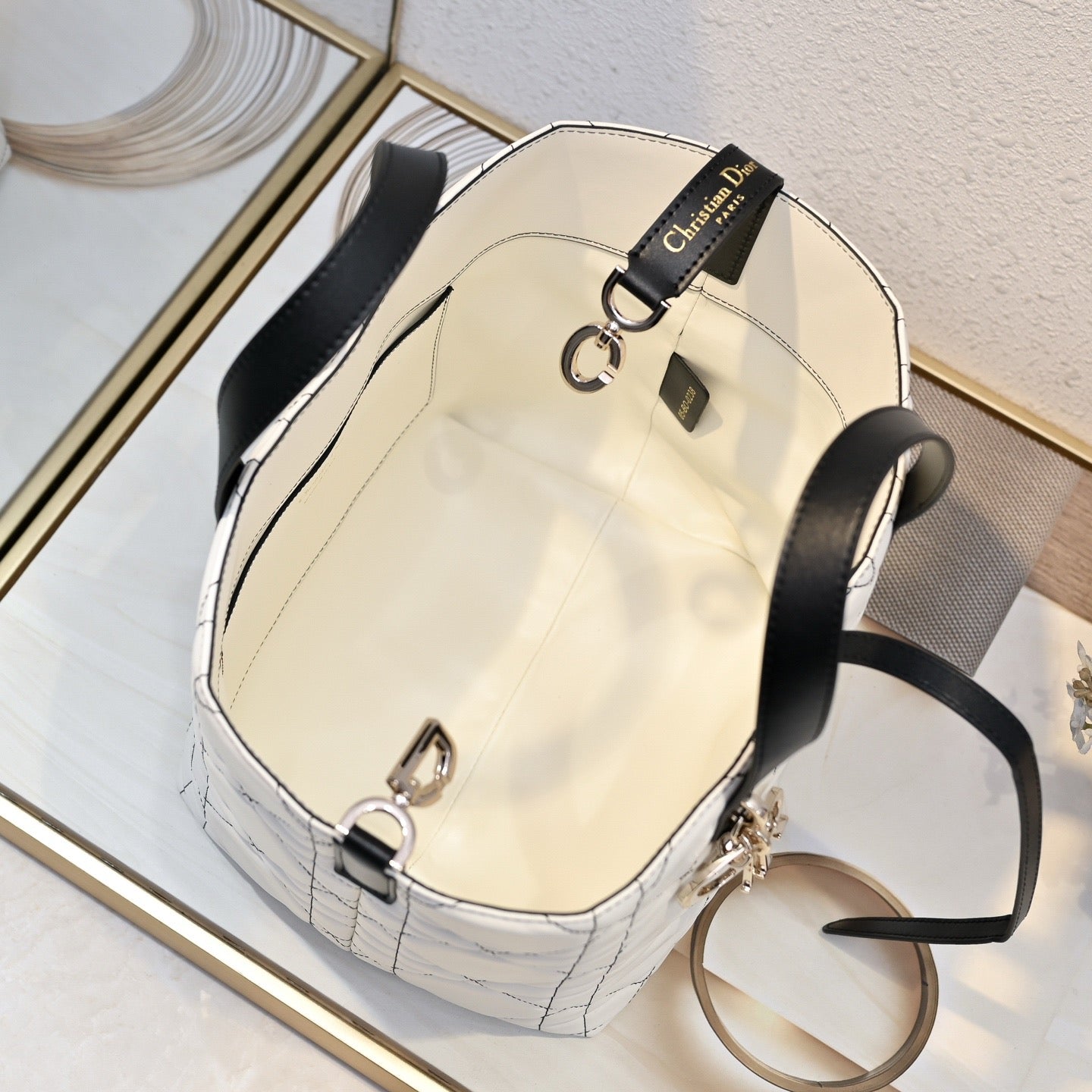 Dior Lady D-Lite Handbag – White Quilted with Black Handles & Strap